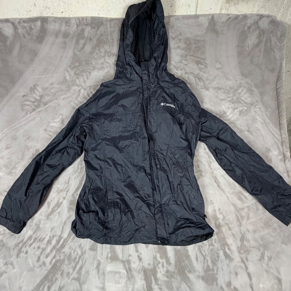 Columbia Omni-Tech Rain Jacket Mens Large Black Hooded Lightweight Windbreaker